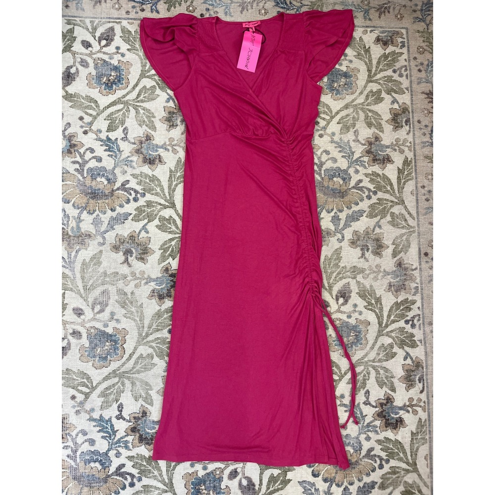 Betsey Johnson Maxi Dress Womens Medium Pink New Ruched Flutter Sleeve